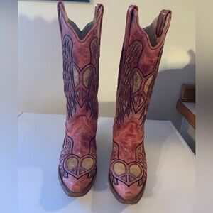 Ladies A1977 Red Heart Peace Sign Corral Cowboy Boots